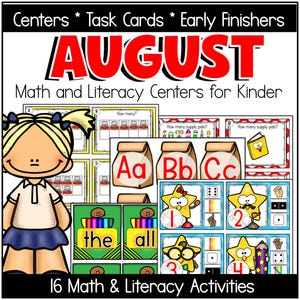 May include: A colorful educational resource for kindergarten, featuring the word "AUGUST" in large red letters. The image includes math and literacy activities, task cards, and early finisher activities. The image also includes a cartoon girl.