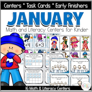 Kindergarten Winter Math Literacy Reading Centers Task Box Activities for January