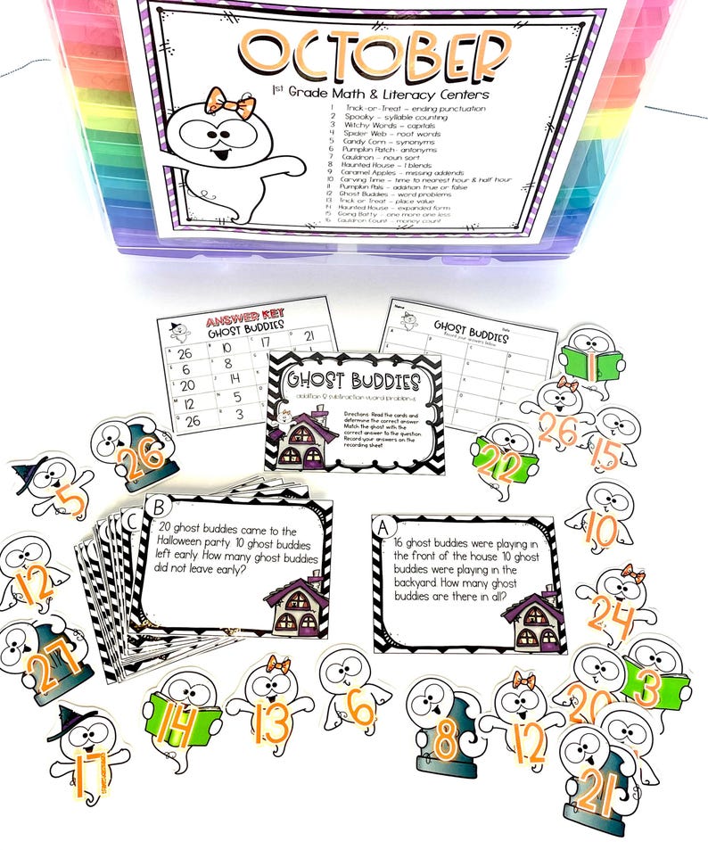 1st Grade Halloween Math and Literacy Centers Task Boxes Classroom ...