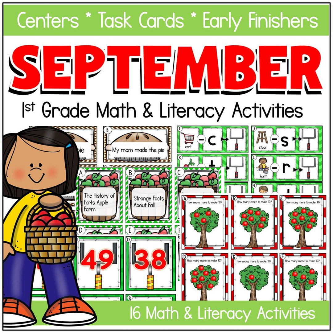 1st Grade September Math Literacy Reading Centers Task Boxes Learning ...