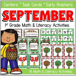 Op de afbeelding: Educatieve afbeelding voor wiskunde- en leesactiviteiten van groep 1. De afbeelding toont het woord "SEPTEMBER" in grote rode letters, plus taakkaarten en een cartoonillustratie van een kind met een mand met appels. Bevat 16 activiteiten.