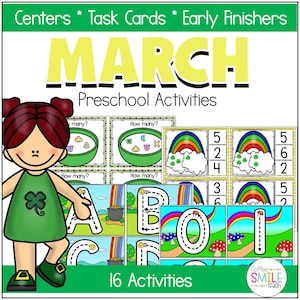 May include: An educational resource for preschool activities. The image shows the word "MARCH" in yellow, task cards, and a cartoon girl in a green dress. The cards include counting, letter tracing, and rainbow-themed activities. The text "16 Activities" is also visible.