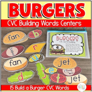 CVC Word Building Burger Game Montessori Kindergarten Homeschool Learning Activity Literacy Phonics Center