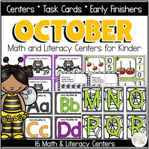 Peut inclure: Ressource éducative colorée pour les enfants, avec le mot "OCTOBRE" en jaune. L'image présente des centres de mathématiques et de lecture sur le thème d'Halloween, avec des chauves-souris et des pommes d'amour, ainsi que des cartes de lettres et de chiffres.