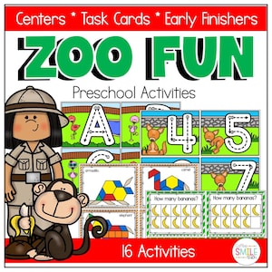 May include: A colorful educational resource titled "ZOO FUN" for preschool activities. The image features a cartoon zookeeper and monkey, along with task cards for numbers, letters, and counting. The text includes "Centers," "Task Cards," and "Early Finishers."