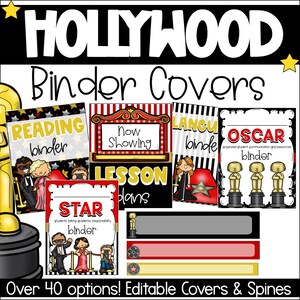 Op de afbeelding: Een verzameling Hollywood-thema ordneromslagen met diverse ontwerpen. De omslagen bevatten tekst zoals "Reading Binder", "Now Showing", "Lesson Plans" en "Oscar Binder". Het ontwerp bevat sterren, filmrollen en cartoonfiguren. De tekst "Over 40 options! Editable Covers & Spines" is ook zichtbaar.