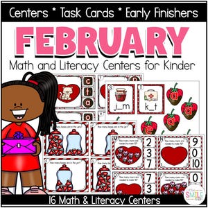 Op de afbeelding: Educatieve wiskunde- en geletterdheidscentra voor kleuters, met een thema in februari. De afbeelding bevat taakkaarten met aardbeien, harten en potten snoep. De tekst luidt "16 Wiskunde & Geletterdheid Centra."