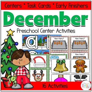 Puede incluir: Un gráfico educativo colorido para actividades preescolares. La imagen presenta la palabra "Diciembre" en verde, un árbol de Navidad y varias tarjetas de tareas con ilustraciones temáticas navideñas. El texto incluye "Centros", "Tarjetas de tareas" y "Finalizadores anticipados".