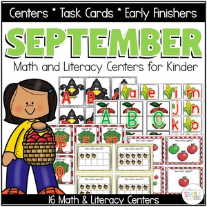 May include: Educational task cards for kindergarten featuring the month of September. The image includes a cartoon girl holding a basket of apples, along with math and literacy activities. The text reads "16 Math & Literacy Centers."