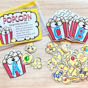 Beginning Sound Activity Popcorn Themed Alphabet Literacy Center Task Box