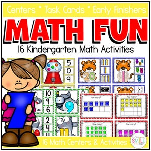 May include: A colorful educational graphic with the text "MATH FUN" and "16 Kindergarten Math Activities." The image includes cartoon illustrations of a girl, a gumball machine, tigers, and math problems. The image is designed for early finishers and math centers.