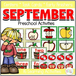 Zurück zur Schule September Apple Vorschul-Zentren Math Alphabet Farben Zahlen Aufgabenboxen PreK