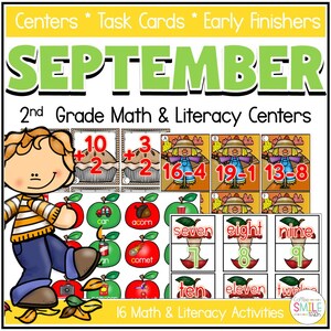May include: A colorful educational poster for 2nd grade math and literacy centers. The poster features the word "SEPTEMBER" in large green letters, along with math problems, apple graphics, and number cards. The text "16 Math & Literacy Activities" is also included.