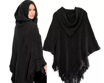 Schwarzer, grauer, beige oder cremefarbener Kapuzen-PONCHO – keltischer Wikinger-Schal