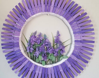 Handpainted lavender clothespin wreath 14in