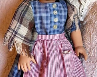 Kirsten Larson On the Trail replica dress for dolls, 18 inch doll dress, choose classic blue plaid or white, pioneer clothes for dolls