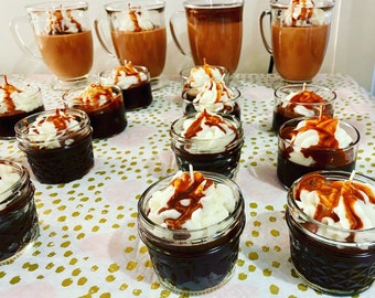 Coffee candle, 4 oz coffee sampler, candle decorated with whip cream,  highly fragranced coffee candle, fresh coffee scented candle,