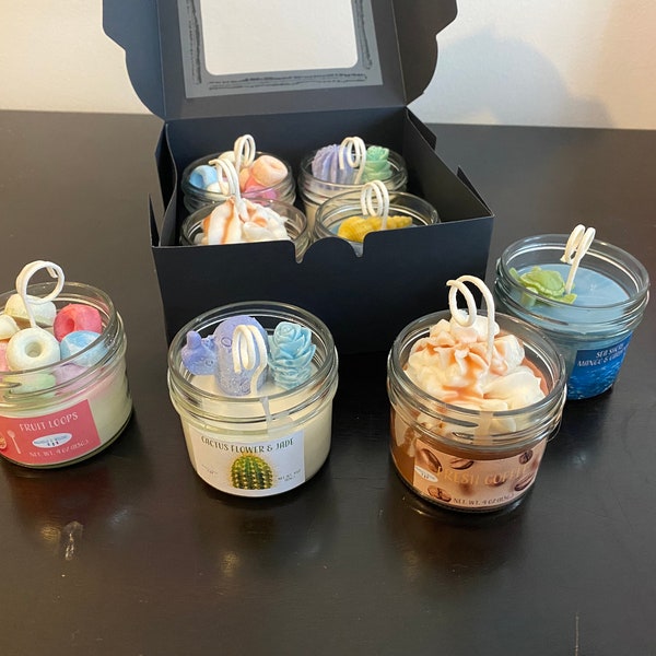 Sample Candles 4 pack, Fruit Loop candle, Cactus Candle, Koi fish candle, Coffee Candle, Gift set of 4 4oz highly fragranced pop art candles