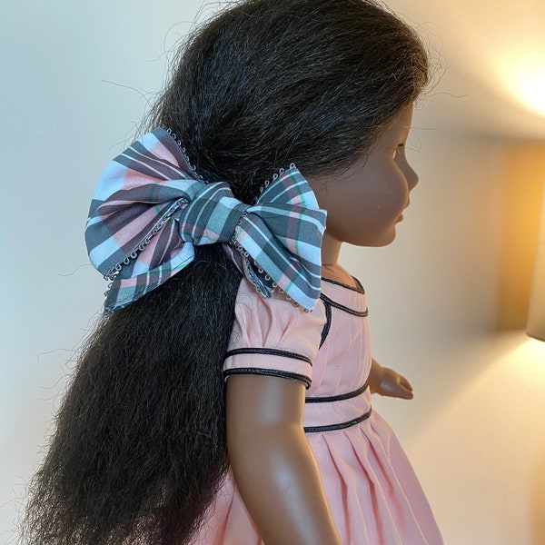 18 inch doll hair tie, Replica Cape Island hair tie, pink plaid hair bow, Cape Island hair bow, fits dolls like Pleasant Company, American G