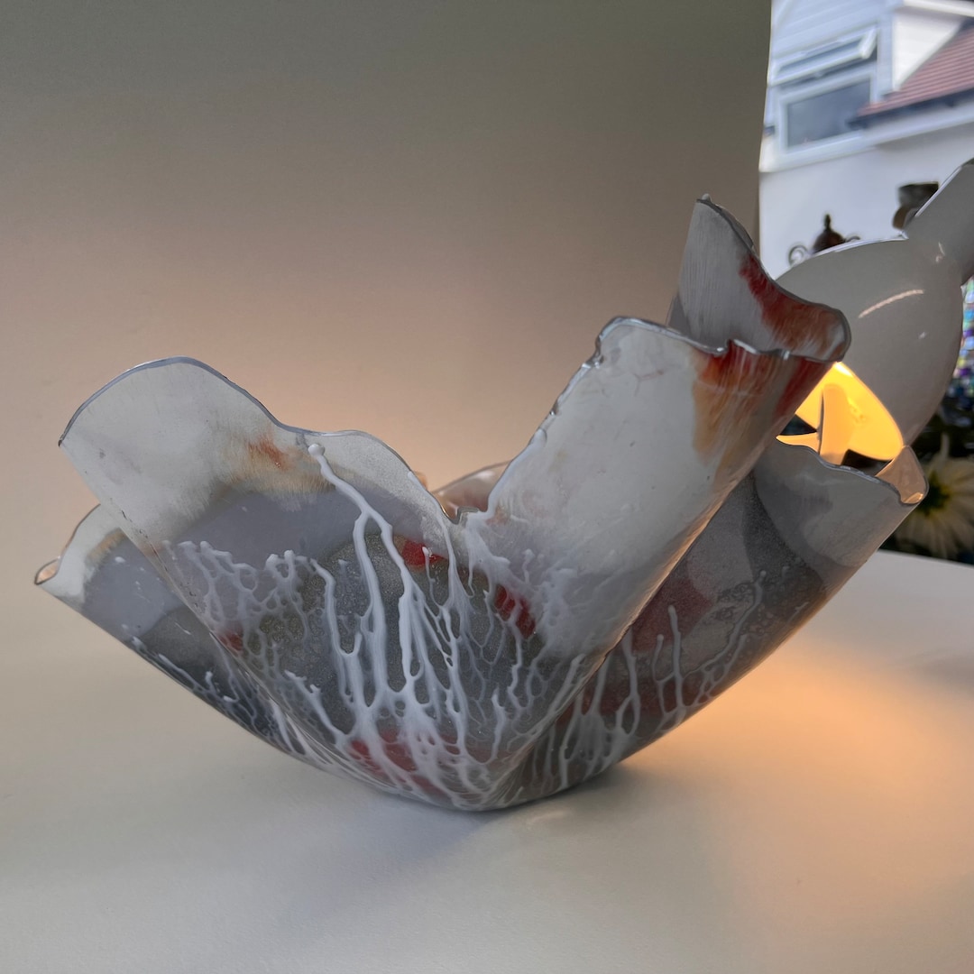 Large Resin Sculpture Handmade Fruit Bowl/candle Holder in Whites Greys