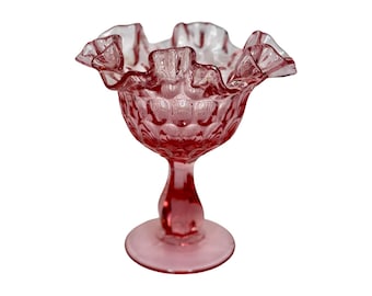 Fenton Cabbage Rose Pink Iridescent Ruffled Edge Compote