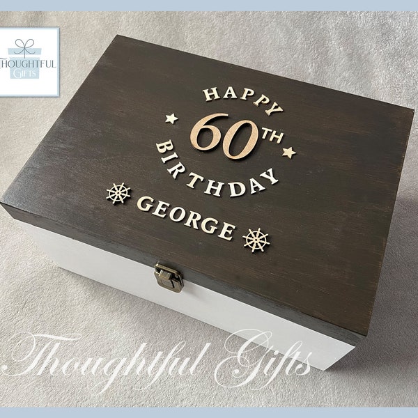 Handmade Large Personalised Dark Wood & White Wooden Memory Box Birthday Gift For Him Her 20th 30th 40th 50th 60th 70th 80th 90th Present