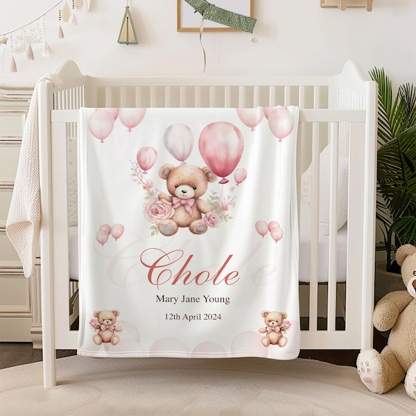 Pink Teddy Bear Personalized Baby Name Soft Minky Blanket Custom Newborn Girl New Mom Gift Hospital Coming Home Toddler Blanket Baby Shower