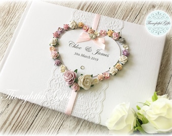 Personalised Floral Wedding Guest Book Custom Made Paper Rose Flowers Wedding Sign Book Floral Heart Lace Diamante Book- Multi colour theme