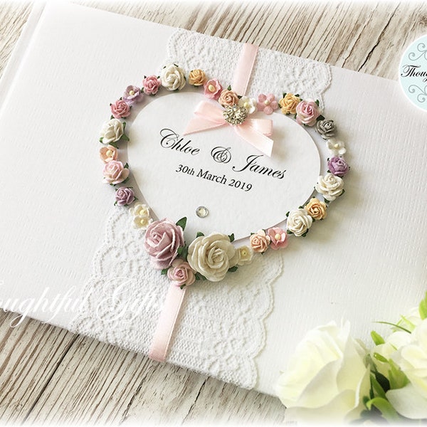 Livre d'or personnalisé floral pour mariage, livre sur mesure en papier, fleurs roses, livre de signes de mariage, coeur floral, dentelle, strass, thème multicolore