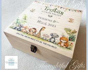 Large Safari Animal Personalised Baby Boys Girls Solid Wooden Keepsake Box New Parents Newborn Baby Memory Box Birthday Christening Gift