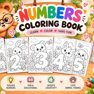 Puede incluir: Un libro de colorear digital de números con un oso pardo con gafas y cinco páginas para colorear que muestran los números del uno al cinco con ilustraciones de animales. El texto dice NUMBERS COLORING BOOK LEARN COLOR HAVE FUN e incluye iconos PDF y A4.
