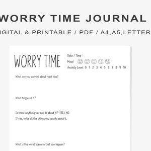 Anxiety Journal PDF Printable Digital, Worry Journal Prompts, Worry Time Daily Self Check in Page, Self Care Worksheet Template, Worry Diary