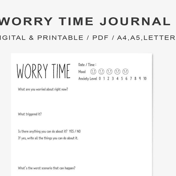 Anxiety Journal PDF Printable Digital, Worry Journal Prompts, Worry Time Daily Self Check in Page, Self Care Worksheet Template, Worry Diary