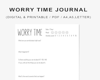 Angst Journal PDF afdrukbare digitale, zorgen Journal Prompts, zorgen tijd dagelijkse zelf check-in pagina, zelfzorg werkblad sjabloon, zorgen dagboek