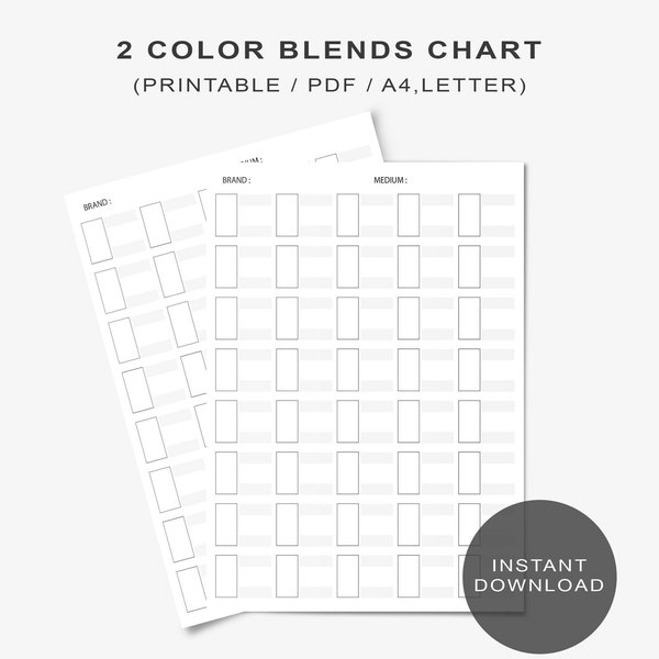 2 Color Blends Combination Chart Sheet Printable PDF Download, Color Combo Swatch Chart Template, Watercolor Pencil Pastel Color Chart PDF