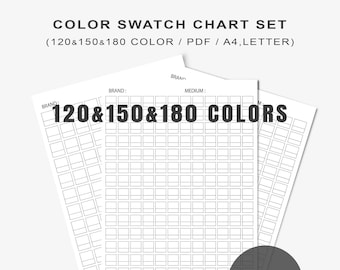 May include: Three printable color swatch charts for organizing paint colors. The charts are labeled "120&150&180 COLORS" and are designed for A4 or Letter size paper.  The charts are for instant download.