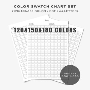 May include: Three printable color swatch charts for organizing paint colors. The charts are labeled "120&150&180 COLORS" and are designed for A4 or Letter size paper.  The charts are for instant download.
