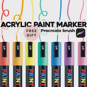 Peut inclure: Image de sept marqueurs de peinture acrylique de différentes couleurs : rouge, orange, jaune, vert, bleu, violet et rose. Chaque marqueur porte l'inscription "PAINT". L'image comprend également le texte "ACRYLIC PAINT MARKER" et "FREE GIFT".