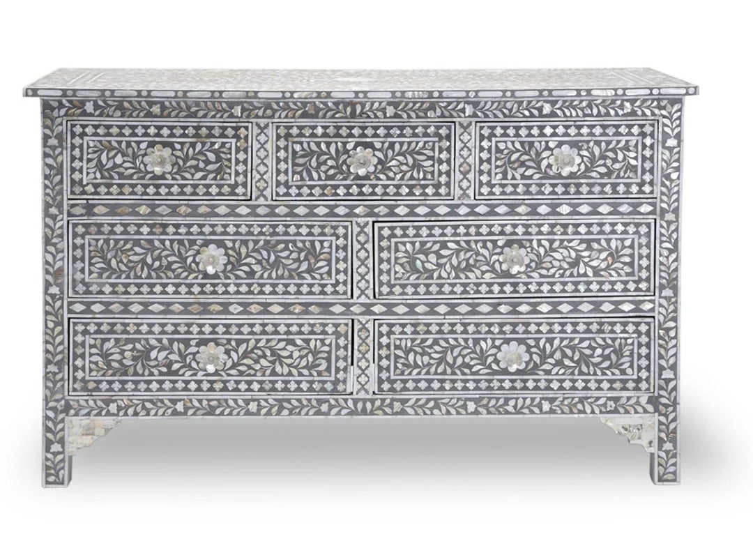 Mother of Pearl Floral Design Chest of 7 Drawers Dark Grey, Mother of ...