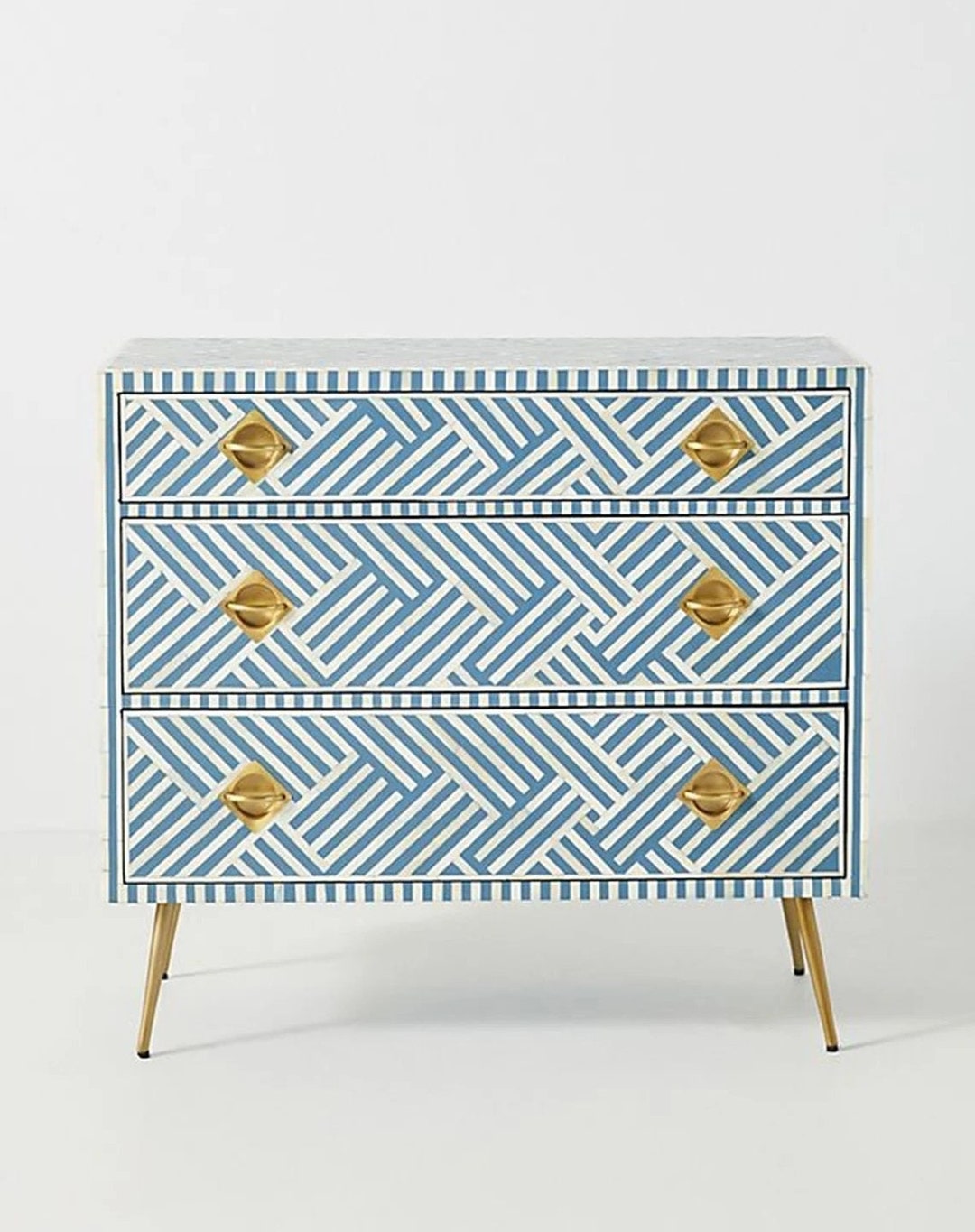 Bone Inlay Optical Design Chest of 3 Drawers Sky Blue Bone - Etsy