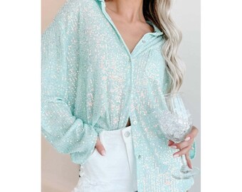 POL Clothing Aqua Blue Sequin Button Up Shirt Beach Cover Up Sparkly Cute