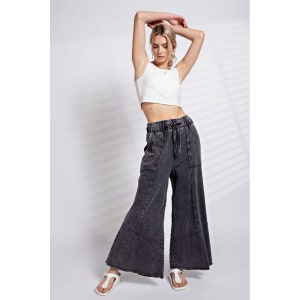 Easel Washed Terry Knit Wide Leg Boho Bohemian Pants in Ash S-L EB40706