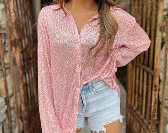 Pol Clothing Rose Pink Sequin Button Up Shirt Beach Cover Up Sparkly Cute New