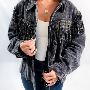 Pol Clothing Fringed Rhinestone Button Down Long Sleeve Jacket Shacket Black