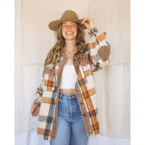 Pol Clothing Beige Multi Plaid Shacket Corduroy Oversized Fit Style Smj199 New