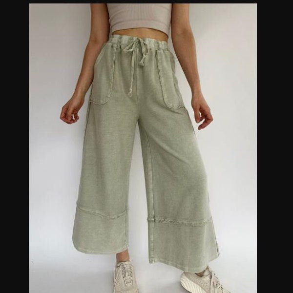 Easel Let's Chill Comfy Wide Leg Pants in Faded Olive EB40797