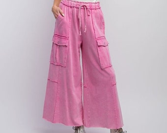 Easel Netflix and Chill Mineral Washed Wide Leg Cargo Pants Bubble Gum eb40795