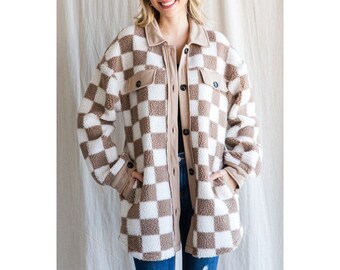 Jodifl The Stevie Checkered Fleece Shacket in Taupe Check B9108