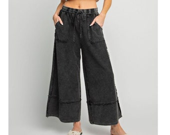 Easel Let's Chill Comfy Wide Leg Pants in Black EB40797