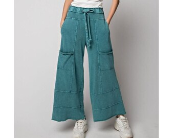 Easel Lazy Days Mineral Washed Wide Leg Pants in Teal Green EB41308